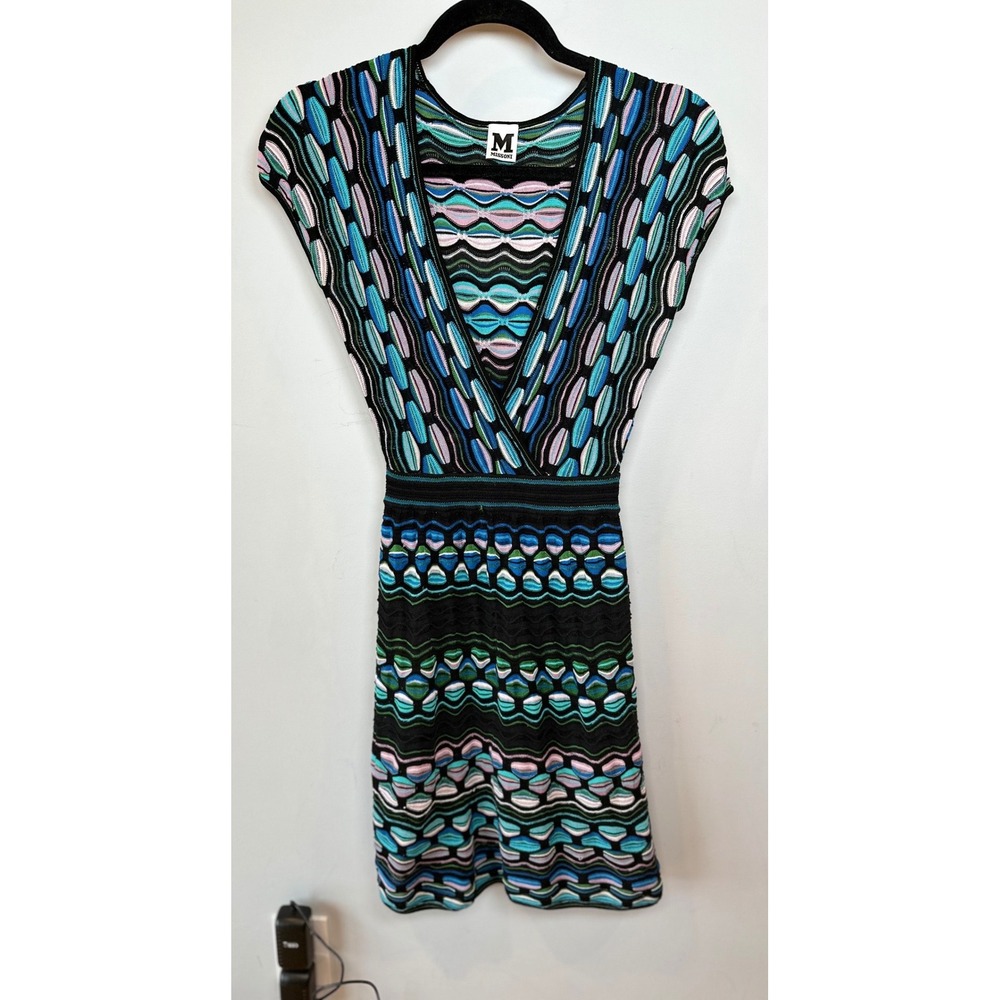 M Missoni Knit Dress Blue Pink Green Geometric Zigzag V-Neck Italy Vintage XS 36